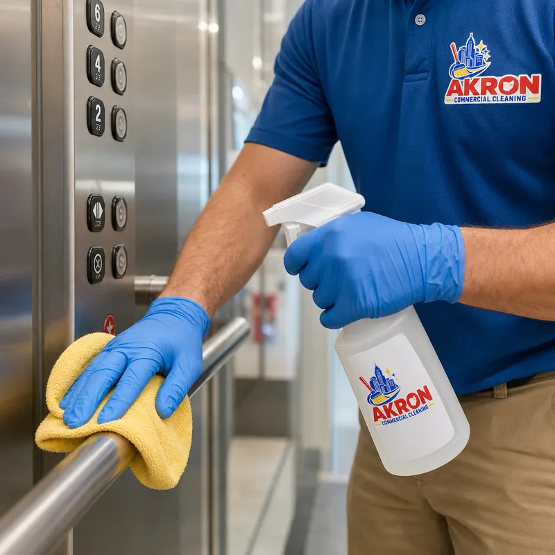 Cleaner disinfecting door handles, push bars, and elevator buttons with a labeled spray bottle and microfiber cloth